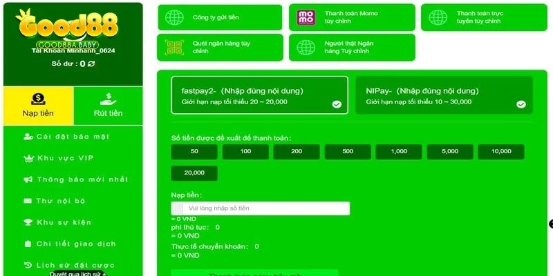 Cách nạp tiền tại nhà cái GOOD88