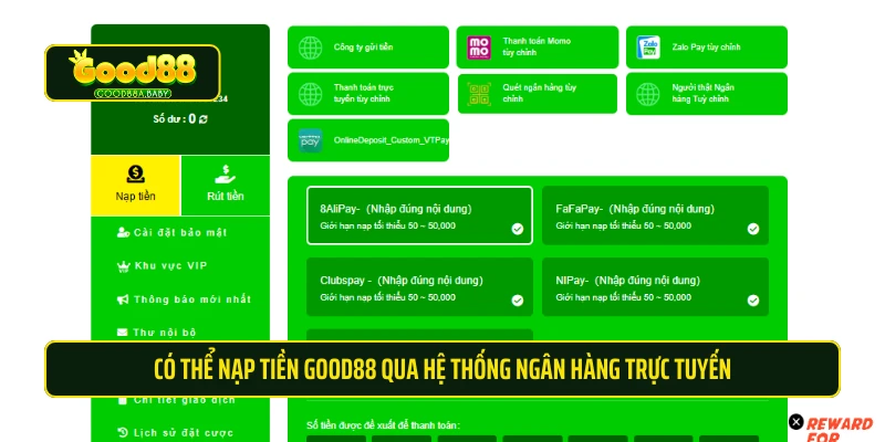 Có thể nạp tiền Good88 qua hệ thống ngân hàng trực tuyến